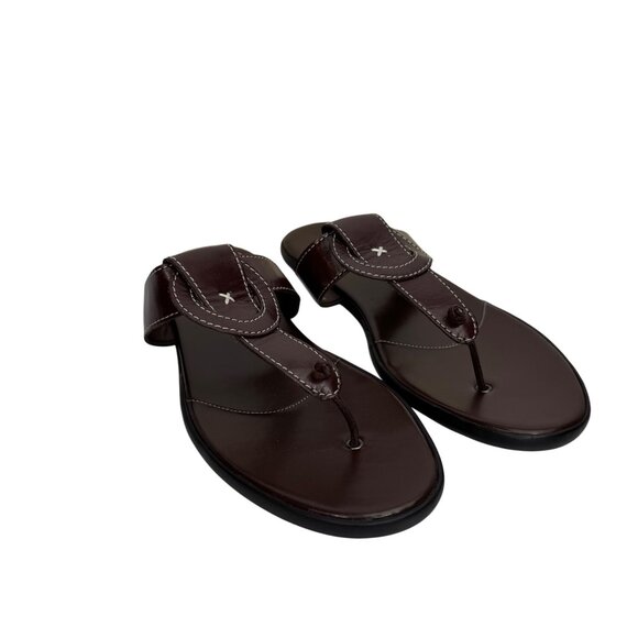 Laura Ashley Dark Brown Leather Thong Sandals with White Stitching Size 8.5 M - Picture 1 of 9